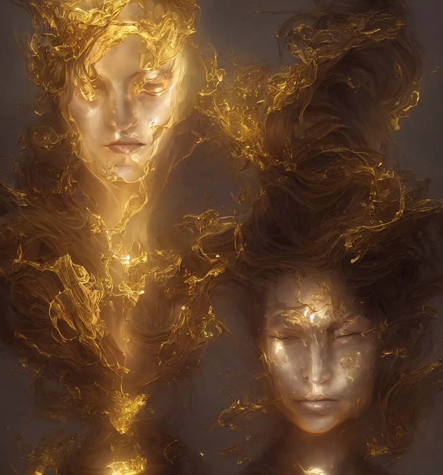 Prompt: a frontal face portrait of transparent and beautiful elegant elemental entity made of marble and gold + dissolving in to light + backlit + incredible lighting+ strong rim light + highly detailed + god rays + digital painting + HDRI, by Alvaro Castagnet, Peter Mohrbacher and Dan Mumford, vivid colors, high contrast, 8k resolution, intricate, photorealistic, smooth