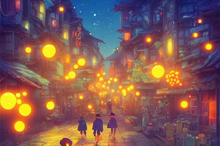 Image similar to fantasy art of glowing goldfish swimming in the air, in the streets of a japanese town at night, with children outside watching in wonder, in the style of studio ghibli and makoto shinkai, highly detailed digital art, trending on artstation