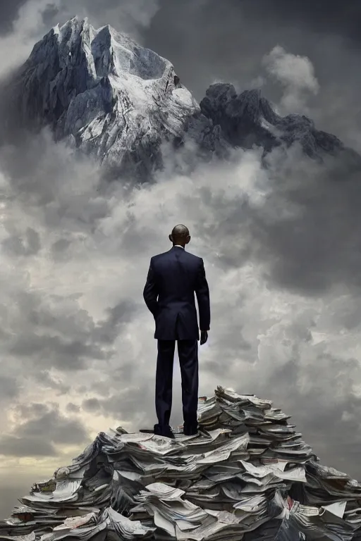 Image similar to obama nervously standing next to a mountain made of papers, oil on canvas, intricate, 8 k highly professionally detailed, hdr, cgsociety