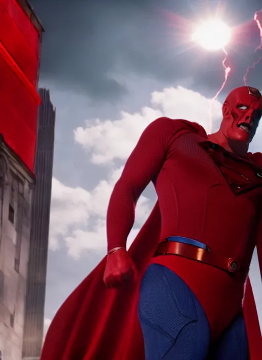 Prompt: movie still of red skull as superman in superman, 4 k