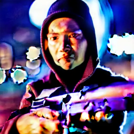 Image similar to photographic portrait of a techwear woman holding a shotgun, closeup, on the rooftop of a futuristic city at night, sigma 85mm f/1.4, 4k, depth of field, high resolution, 4k, 8k, hd, full color, Die Hard, movies with guns, movie firearms