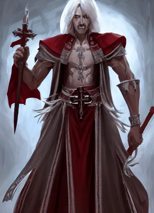 Image similar to a highly detailed illustration of white haired african priest, wearing cross on robe, wielding red blades made of blood, evil standing smiling pose, gothic church background, muscular, intricate, elegant, highly detailed, centered, digital painting, artstation, concept art, smooth, sharp focus, league of legends concept art, WLOP