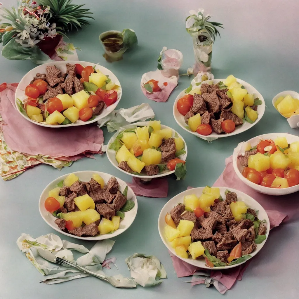 Prompt: a dreamy photo of beef salad and pineapple jelly, 1976