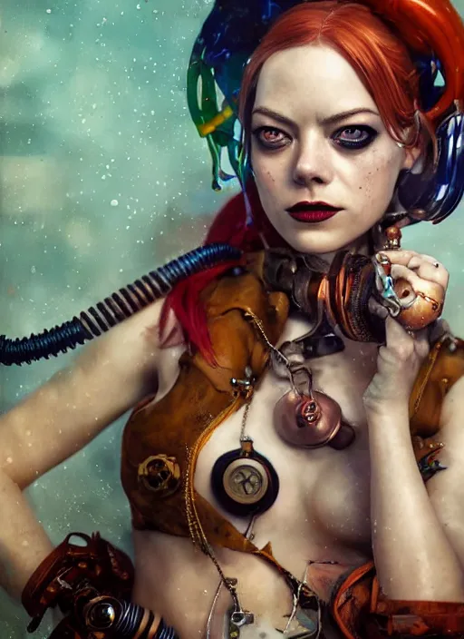 Image similar to underwater steampunk portrait of emma stone as harley quinn, hyper detailed, digital art, cinematic lighting, studio quality, smooth render, octane rendered, art style by klimt and nixeu and ian sprigger and krenz cushart.
