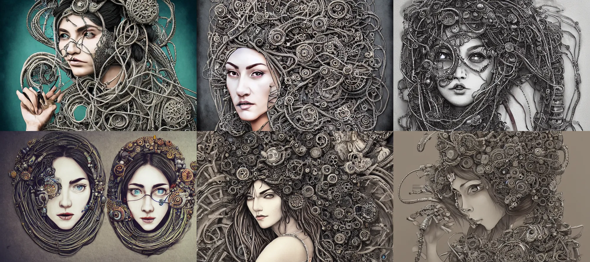 Image similar to beautifully stunning stonepunk woman_integrating_with_technology_full_face_insipiring_detailed_intricate_ornate_cables_connected_to_head_big_open_electric_eyes_ the_singulairty is now by Hironaka, Harumi