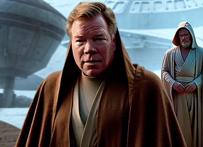 Image similar to young william shatner as obi - wan kenobi, wearing a robe, in star wars : the force awakens ( 2 0 1 5 ). movie still