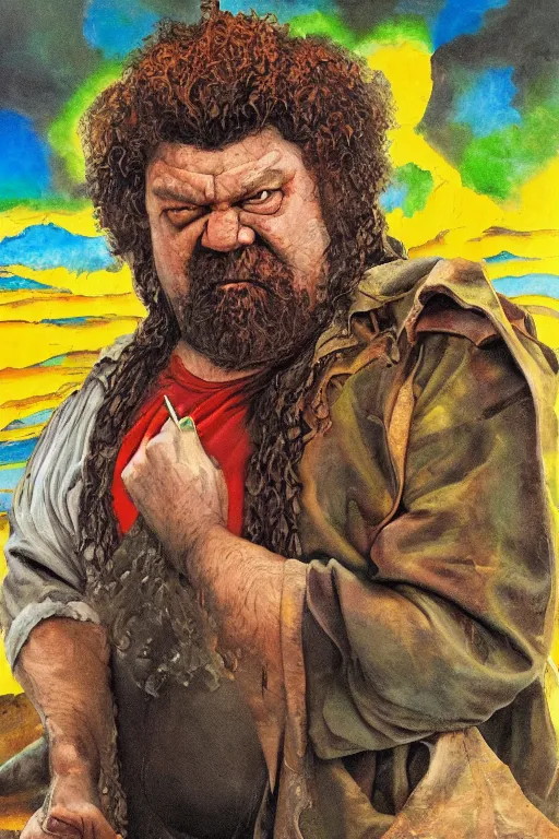 Image similar to surreal a hulking herculean hagrid in a post apocalyptic hellscape, esoteric symbolism, intense emotional power, red yellow black, palette knife oil painting by peter booth and william blake