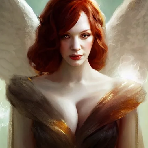 Image similar to Portrait of a Christina Hendricks with angel wings, and a glowing halo, white lighting, digital art by Ruan Jia and Mandy Jurgens and Artgerm, highly detailed, trending on artstation, award winning,