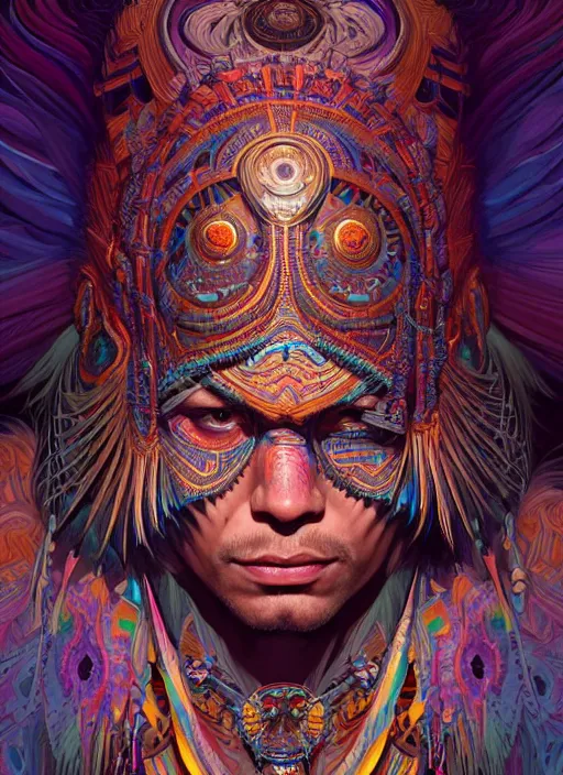 Image similar to hyper detailed ultra sharp of a wise tribal shaman trance man. trending on artstation, warpaint aesthetic, earthwave, colorful, psychedelic, ornate, intricate, digital painting, concept art, smooth, sharp focus, illustration, art by artgerm and greg rutkowski and alphonse mucha, 8 k