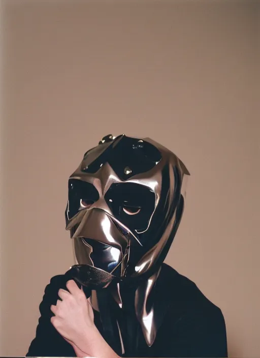 Image similar to a fashion portrait photograph of a man wearing a metal mask designed by thierry mugler, 3 5 mm, color film camera,