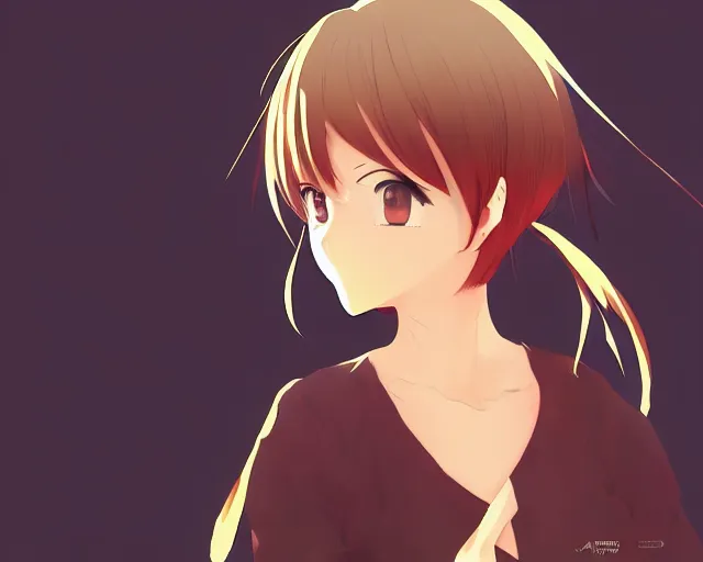 Image similar to key anime visual portrait of a young female in a village, dynamic pose, dynamic perspective, cinematic, dramatic lighting, muted colors, detailed silhouette, textured, finely detailed eyes, anime proportions