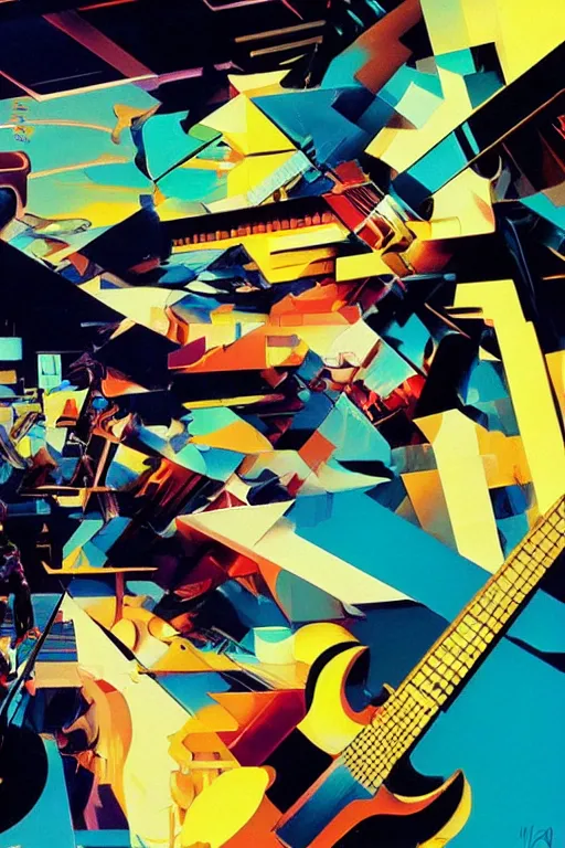 Image similar to wideangle action, portrait of a crazy guitarist, decoherence, synthwave, glitch!!, fracture, vortex, realistic, hyperdetailed, concept art, golden hour, art by syd mead, cubism