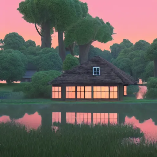 Image similar to a serene landscape with a singular building near a lake at sunrise ， pixar style ， ghibli studio anime style ， 8 k hdr ， octane render ， unreal engine ， - w 1 0 2 4