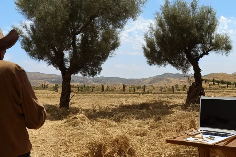 Prompt: old photo of an andalusian farmer using a laptop in a big cortijo