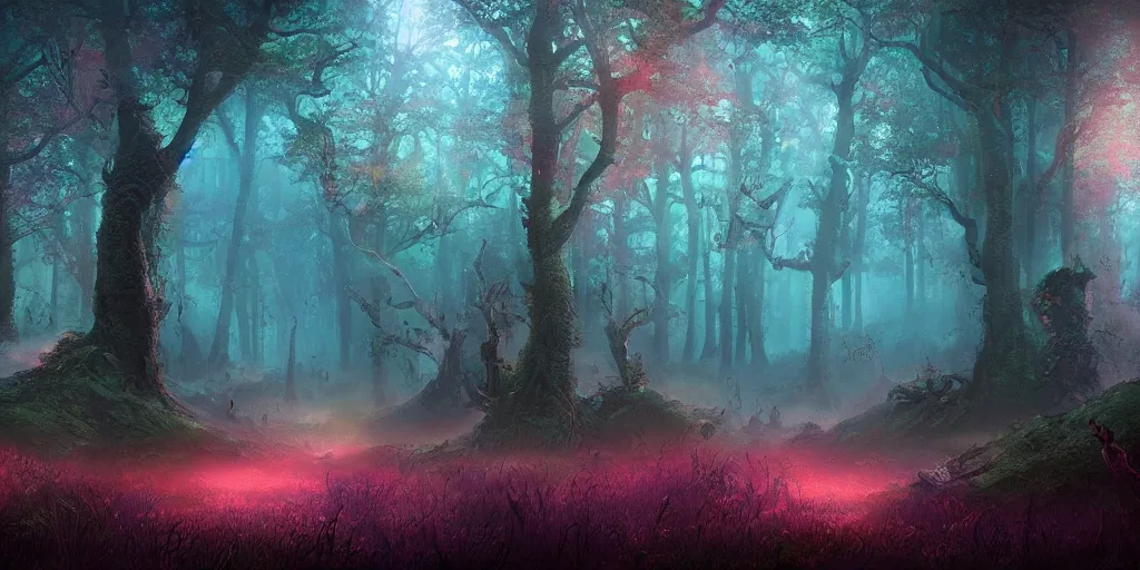 Image similar to beautiful matte painting of a colorful fantasy dark forest at night