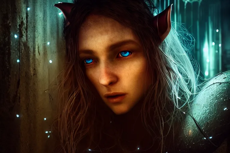 Image similar to an ultra realistic, cinematic, fantasy, headshot portrait, of an elden ring elf, fairy lights, facial features, stood outside an abandoned church, with futuristic buildings and neon signs, detailed, deep focus, movie still, dramatic lighting, ray tracing, by michal karcz and yoshitaka amano