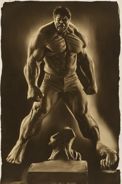 Image similar to the incredible hulk, portrait, full body, symmetrical features, silver iodide, 1 8 8 0 photograph, sepia tone, aged paper, sergio leone, master prime lenses, cinematic