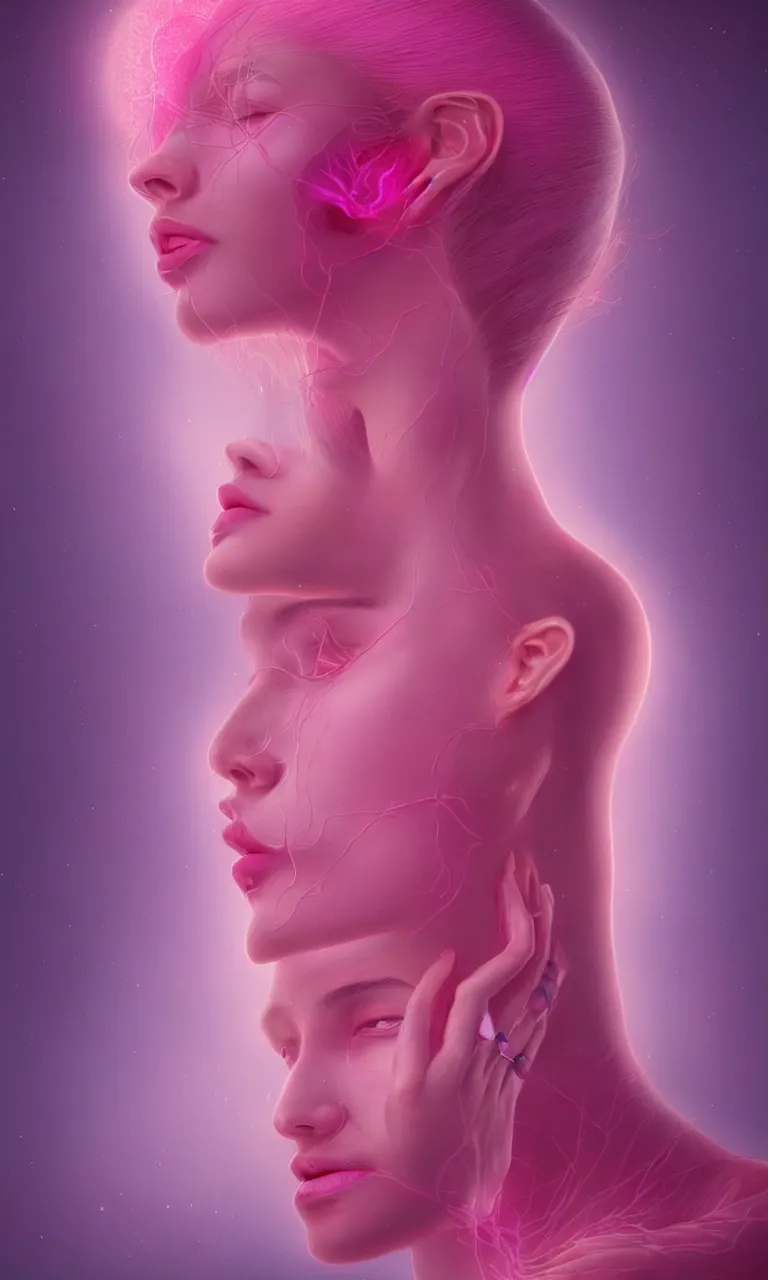 Prompt: young beautiful woman screaming in etheric hypothalamus of her mind, in a pink color palette of cosmic spring, symmetry, symmetrical face, intricate, beautiful illustration, retro futuristic, cinematic colors, style of edward robert hughes + zdzislaw beksinski, octane render, detailed, detail, waist up shot