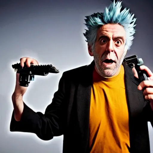 Image similar to Rick Sanchez as a real-life person, studio portrait, real-life-action movie star, holding a portal gun, opening a portal, Rick Sanchez