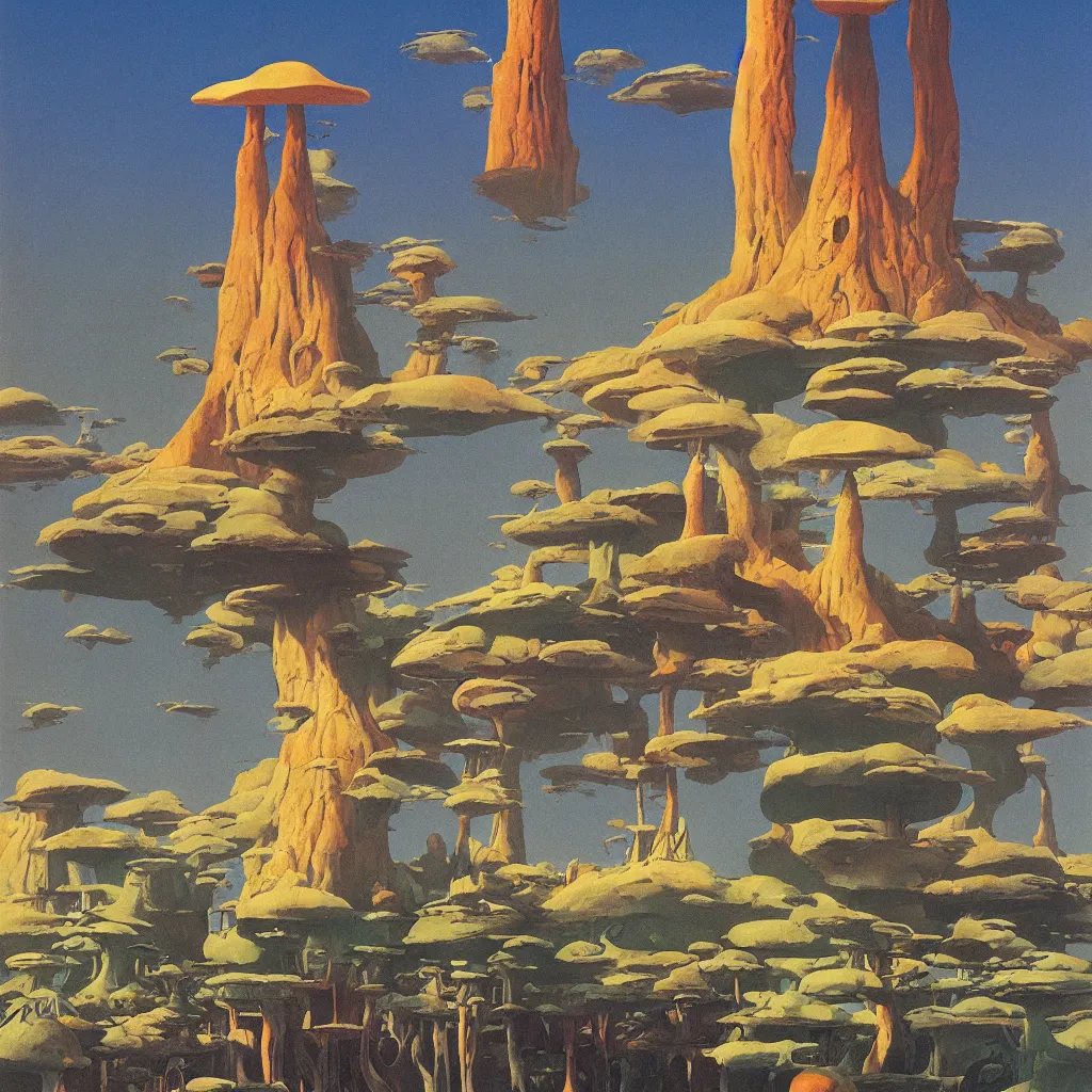 Image similar to a single! colorful!! fungus tower clear empty sky, a high contrast!! ultradetailed photorealistic painting by dean ellis, roger dean and giorgio de chirico, hard lighting, masterpiece