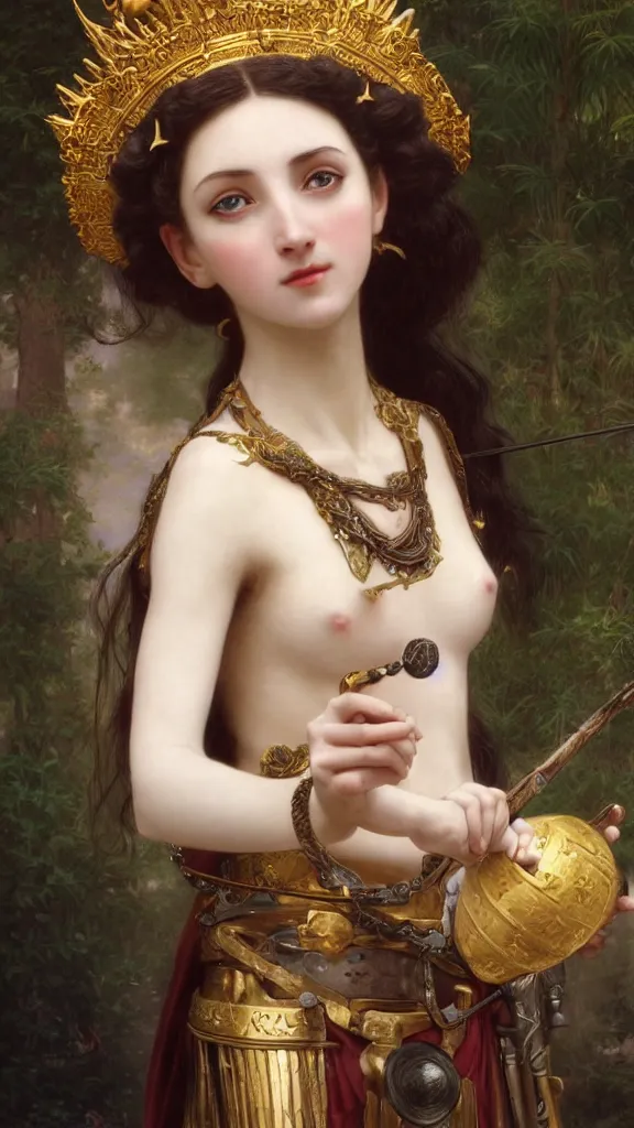 Image similar to a goddess with dark hair and pale skin armed with spear and a crown on her head, hyperrealistic, octane render, Regal, Refined, Detailed Digital Art, RPG portrait, William-Adolphe Bouguereau, Michael Cheval, Walt Disney (1937), Steampunk, hyperdetailed, artstation, cgsociety, Volumetric Golden dappled dynamic lighting, Highly Detailed, Cinematic Lighting, Unreal Engine, 8k, HD