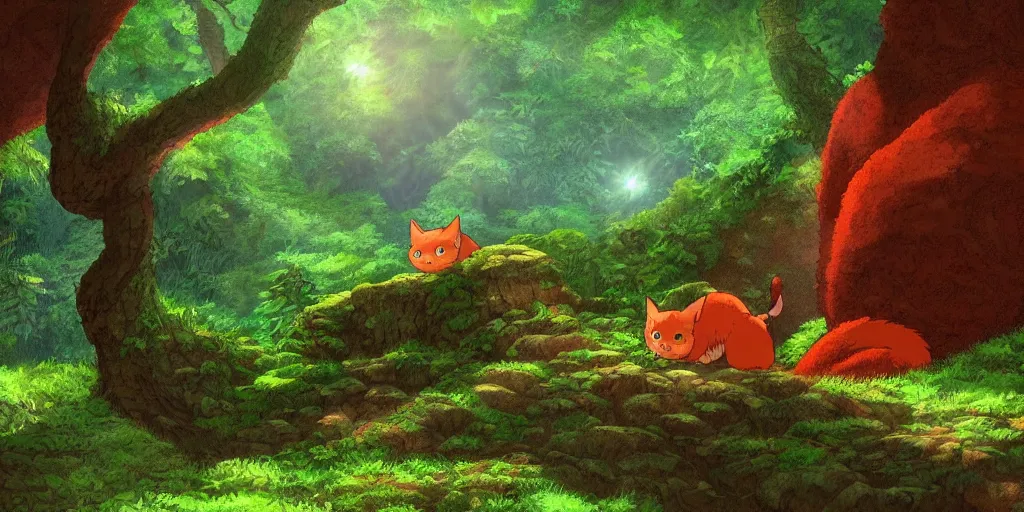 Prompt: red cat shaped like totoro looking into large cave entrance in a lush forest, beautiful ambiance, sunset, studio ghibli style, by hayao miyazaki, sharp focus, highly detailed, 4k