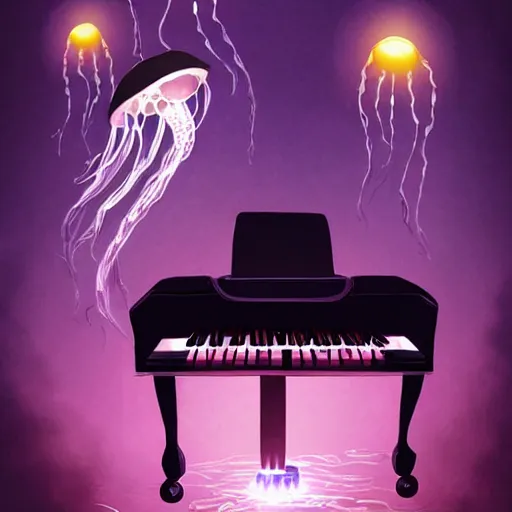 Image similar to scary creature playing the piano, glowing jellyfish in the background, scary lighting, stunning digital art, artstation, hollow knight style