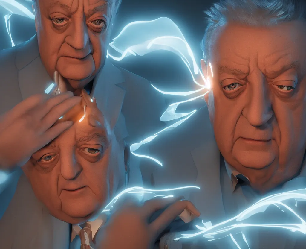 Image similar to dramatic portrait of Rodney Dangerfield, bloomed lighting, angelic, futuristic, beautiful colors, slightly golden, very sharp likeness, very detailed, chopping hands, electrical details, cinematic lighting high details, 4k, 8k, trending on artstation, ultra-realism