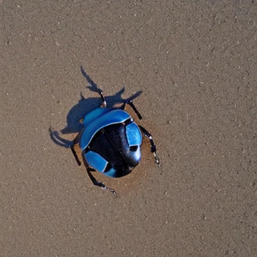 Prompt: a beetle drawn into the sand of a beach, top down view