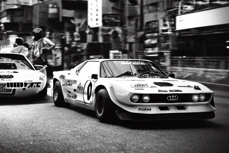 Prompt: single racecar 1968 Audi Quattro, BMW M1, movie still, vintage footage on Tokyo streets, volumetric lighting, f8 aperture, cinematic Eastman 5384 film