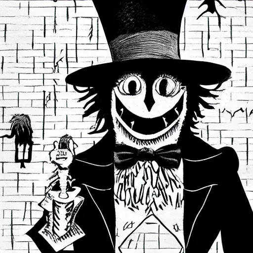 Image similar to a Pop Wonder scary horror themed goofy-hilarious-character Babadook-scarecrow-madhatter-williewonka-wearing a scarf, 3-piece-suit, dime-store-comic drawn with charcoal and pen and ink, half-tone-line-stacking