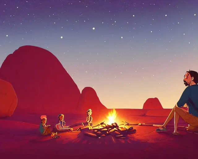 Image similar to man sitting at uluru playing medicine drum at campfire under cosmic night sky, behance hd by jesper ejsing, by rhads, makoto shinkai and lois van baarle, ilya kuvshinov, rossdraws global illumination radiating a glowing aura global illumination ray tracing hdr render in unreal engine 5