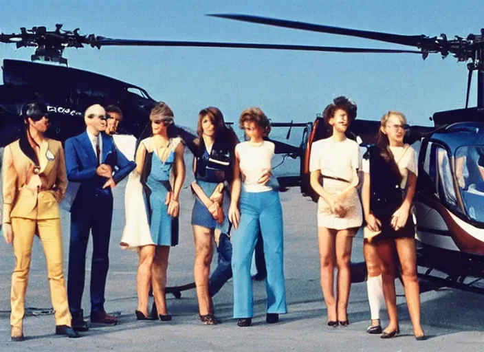 Prompt: color photo. a cool handsome photomodel standingwith hos arm crossed in the 8 0's. girls on both sides. helicopter in the background