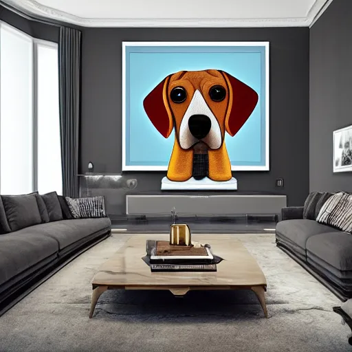 Prompt: a large lamp shaped as 3d beagle head, placed in a large living room, art designers magazine HD photo superrealism 3d 8k resolution