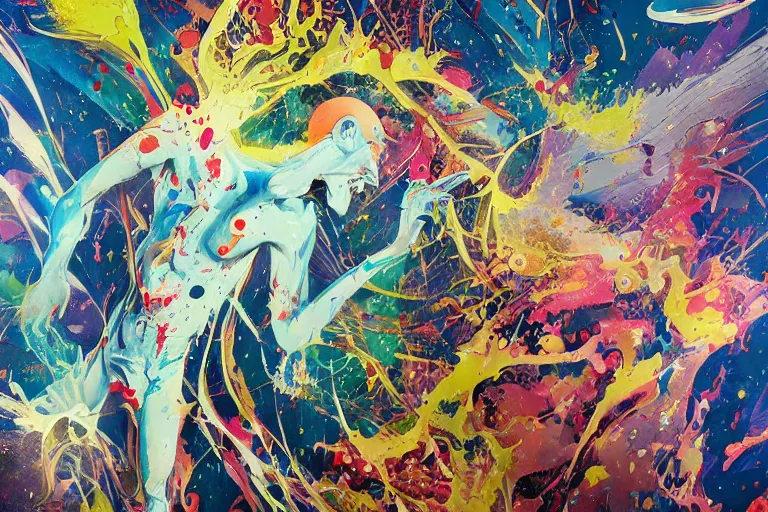 Prompt: a splattered action painting showing aladdin sane, ultradetailed, fine art painting, peter mohrbacher, moebius, aladdin sane, frottage, watercolor, acrylic, multilayered paint, spectacular splatter explosion, psychedelic art