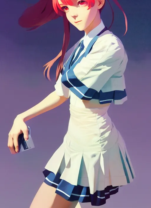 Image similar to full body beautiful and cute and aesthetic school girl greeting, very slightly smiling, wave a hand at the camera, perfect face, symmetric eyes, sharp focus, specular reflection, occlusion shadow, artstation, by ilya kuvshinov and jeremy lipking, light novel cover art, 3 d epic illustrations, symmetric body