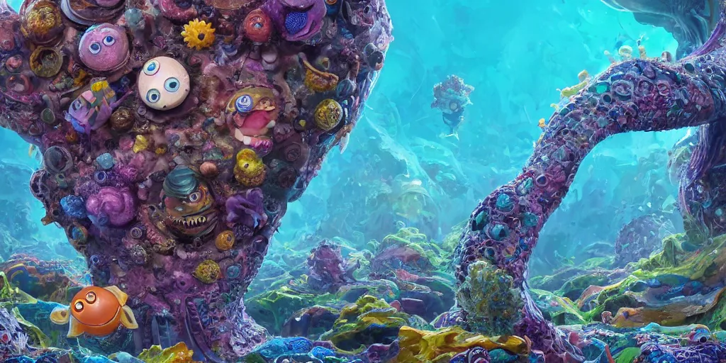 Image similar to of an intricate sea reef with strange cute friendly happy creatures with huge eyes, mouth, long tongue, round teeth and goofy face, appearing from the background, in the style of gehry and gaudi, macro lens, shallow depth of field, ultra detailed, digital painting, trending artstation, concept art, illustration, cinematic lighting, photorealism, epic, octane render