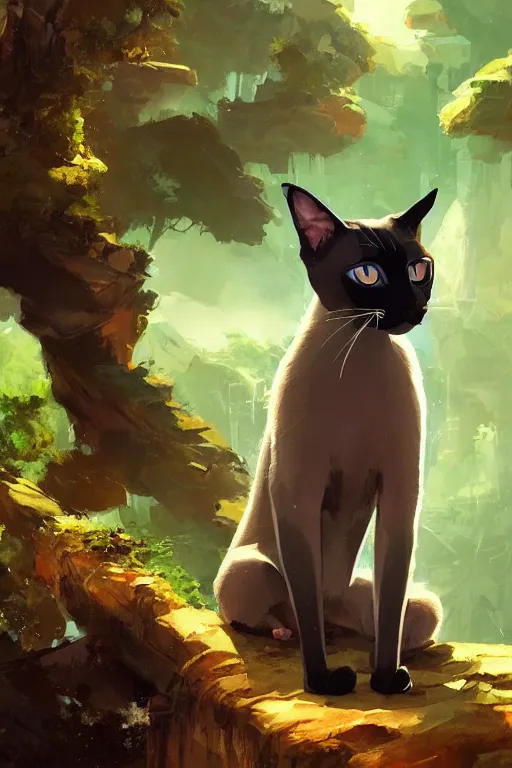 Prompt: highly detailed painting of a siamese cat with bright blue eyes, cinematic lighting, dramatic atmosphere, by Dustin Nguyen, Akihiko Yoshida, Greg Tocchini, Greg Rutkowski, Cliff Chiang, 4k resolution, luminous verdant jungle background