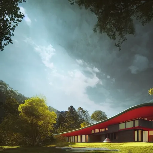 Image similar to modernist house inspired by a tibetan palace, on a green hill between big trees, colorful clouds, dramatic lighting, artstation, matte painting, raphael lacoste, simon stalenhag, frank lloyd wright, zaha hadid