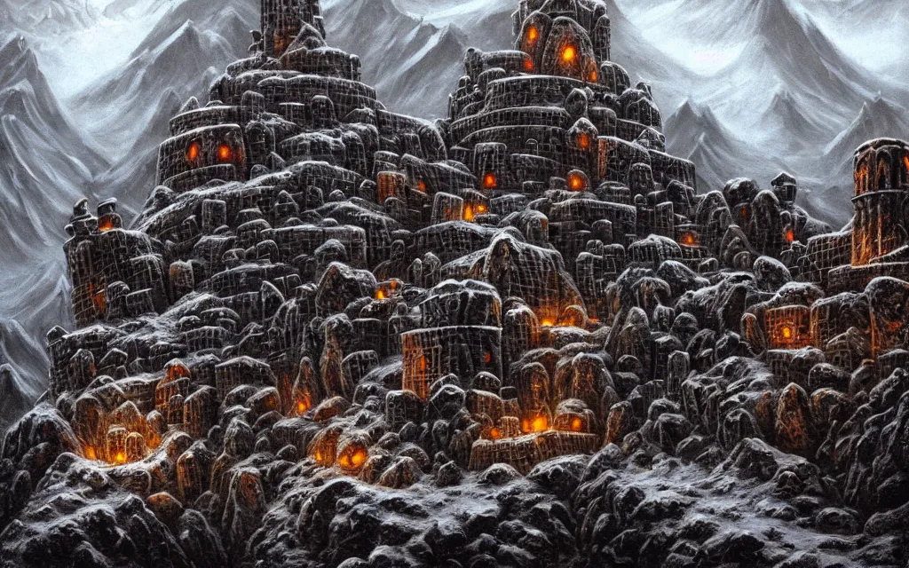Image similar to a dwarven fortress that was chiseled out of a snowy mountain, matte oil painting, covered in runes, lava rivers, epic, medieval fantasy landscape, deep halls, torches, waterwheels, ornate jewels, trading depots, steel infrastructure, extremely detailed, sharp focus