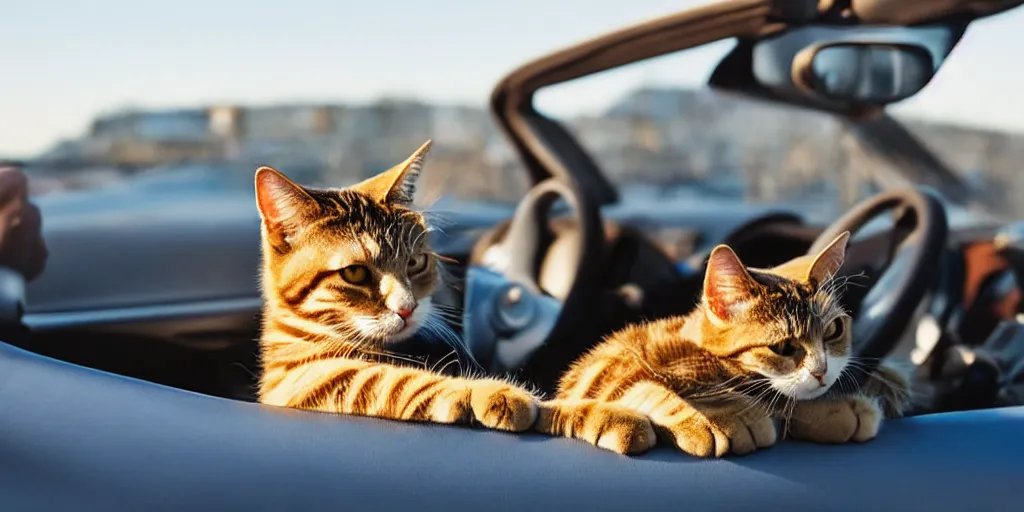 Prompt: side view of convertible, cat homies chilling in car, paws on steering wheel, golden hour, clear sky