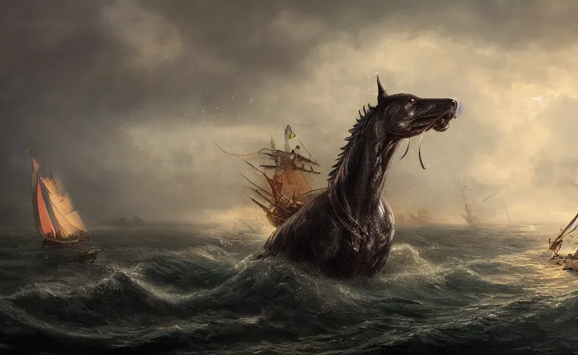 Prompt: the mythological kelpie attacking trade ships, with a fish tail, 4 k uhd, monster, rainy, maritime