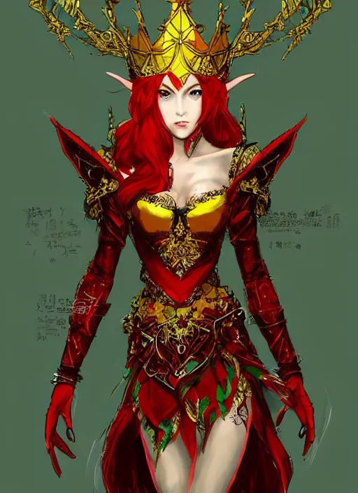 Image similar to Full body portrait of a beautiful red haired elven queen wearing red, green and gold queen dress and elaborate golden crown, bored look. In style of Yoji Shinkawa and Hyung-tae Kim, trending on ArtStation, dark fantasy, great composition, concept art, highly detailed.