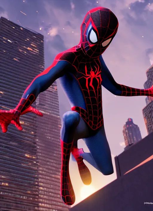 Image similar to photograph of a miles - morales and spider - man hybrid, dslr, cinematic, volumetric lighting, 8 k resolution, photorealistic