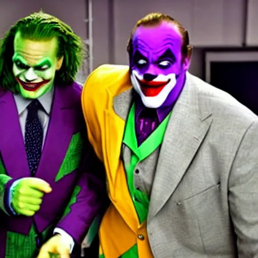 Prompt: cinematic close - up film still of shaquille o ’ neal as the joker in gotham city, shaq as the joker in his iconic green and purple suit with clown make - up