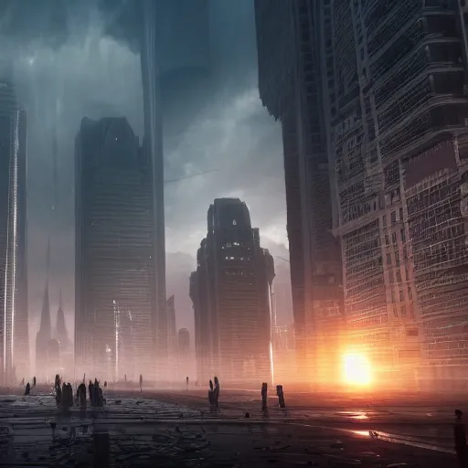 Image similar to detailed art of a metropolis with the citizens looking upward in fear, darkness, Stunning volumetric light, sunset, concrete and translucent material, beautiful sky with a beautiful skyline, trending on Artstation, 8k, photorealistic, hyper detailed, unreal engine 5, IMAX quality, Greg rutkowski, cinematic, epic lighting,