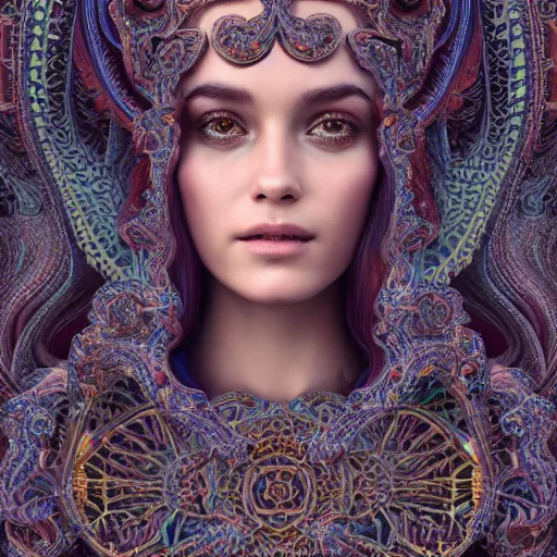 Image similar to wonderful princess of fractals and patterns, beautiful face, hyper detailed, background intricate and detailed, ornate 8 k gorgeous intricate detailed, octane render, psychedelic