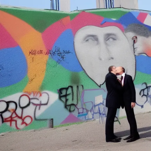 Prompt: Vladimir Putin and Sergey Lavrov kissing, kiss on the berlin wall graffiti, 8k