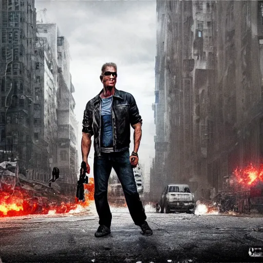 Prompt: 8 k, hd, high quality, hyperealistic, hyper detailed photography of terminator standing in the streets of a post apocalyptic new york