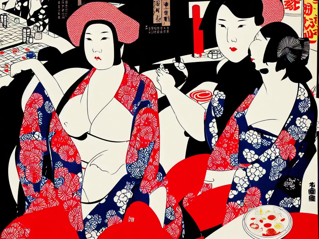 Prompt: hyperrealism composition of the detailed woman in a japanese kimono sitting at a poker table with darth vader, fireworks on the background, pop - art style, jacky tsai style, andy warhol style, ukiyo e, acrylic on canvas